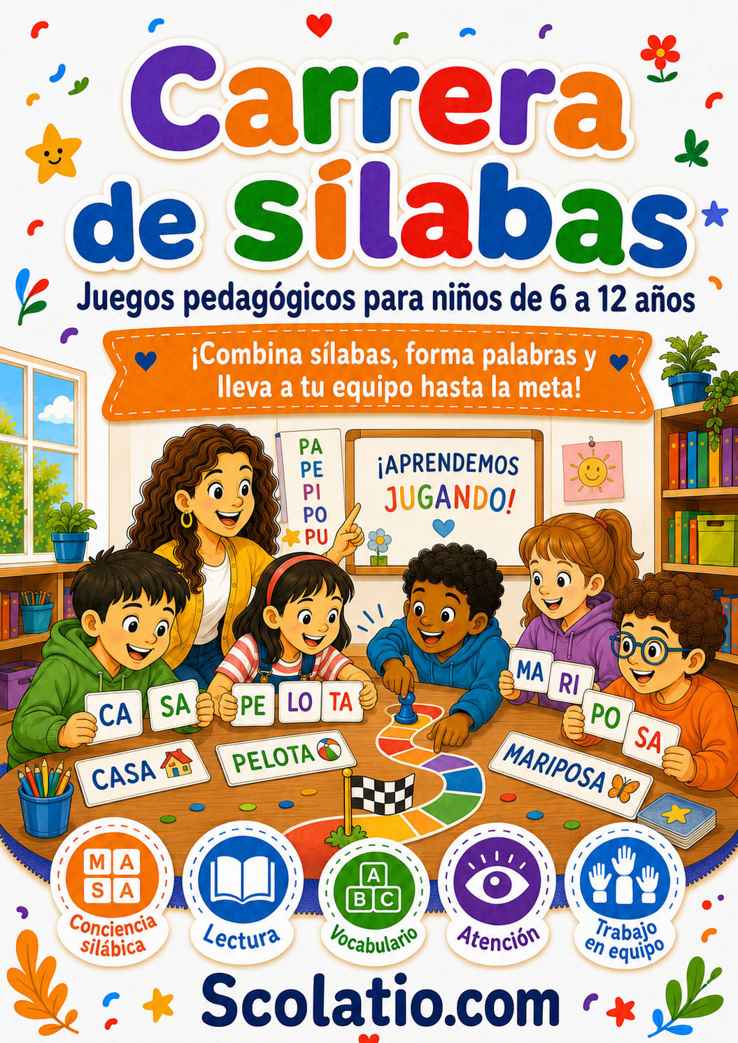 Niños formando palabras con tarjetas de sílabas