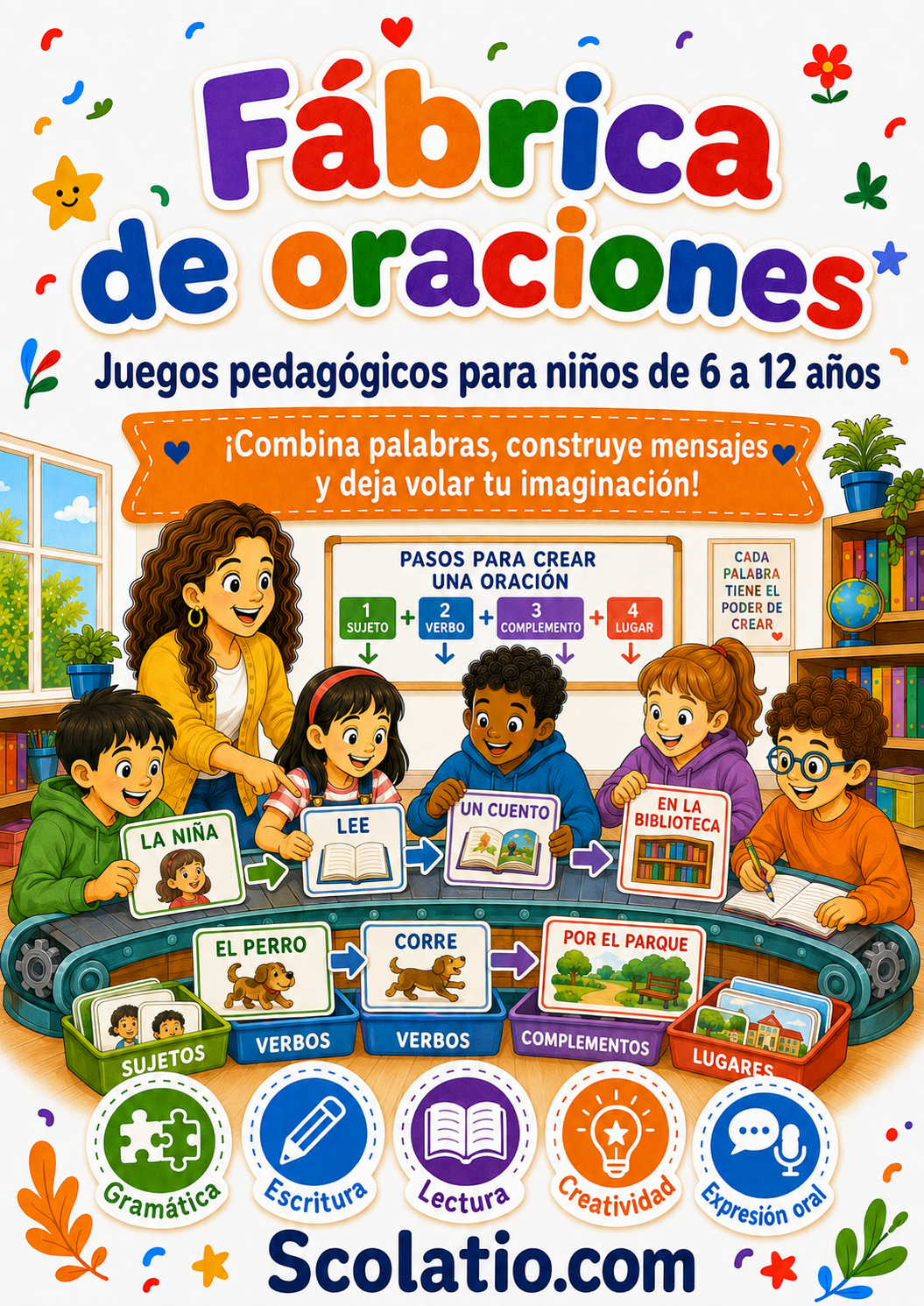 Niños construyendo oraciones con tarjetas