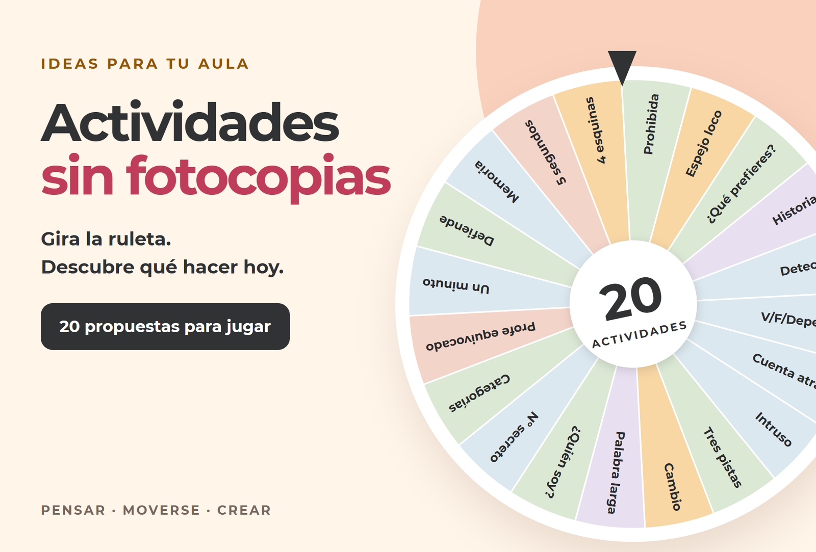 Ruleta de Scolatio con 20 actividades para pensar, moverse, hablar, crear y repasar