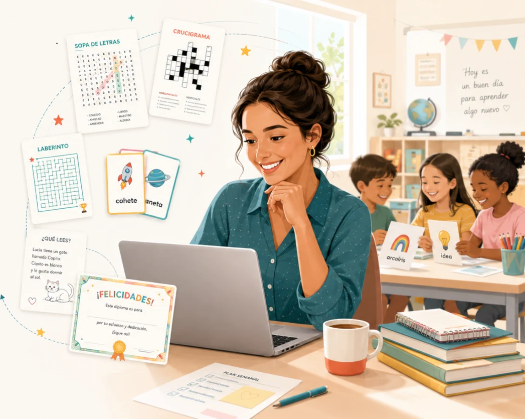 Docente y alumnos trabajando en el aula, ilustración de Scolatio.