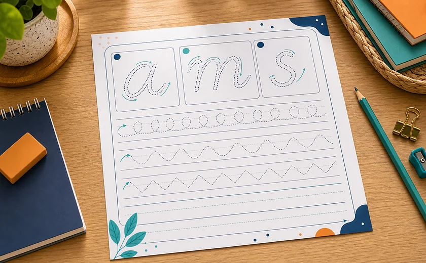 Ficha imprimible de caligrafía con letras punteadas, bucles, ondas y trazos
