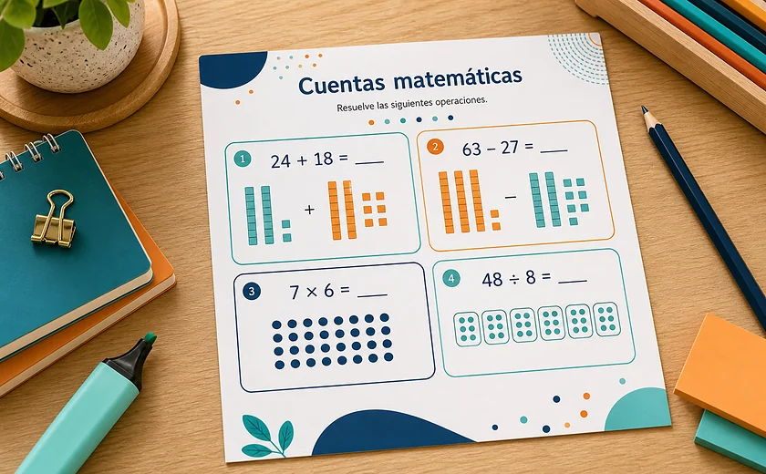 Ficha imprimible de cuentas matemáticas con sumas, restas, multiplicación y división