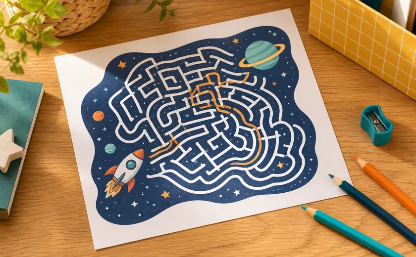 Laberinto educativo imprimible de temática espacial