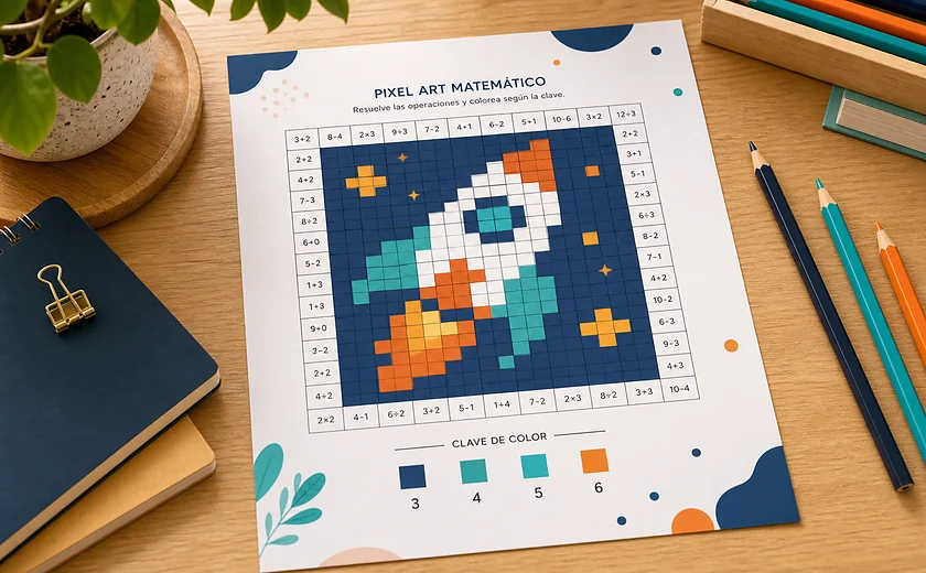Ficha de Pixel Art matemático con operaciones y una cuadrícula coloreada en forma de cohete