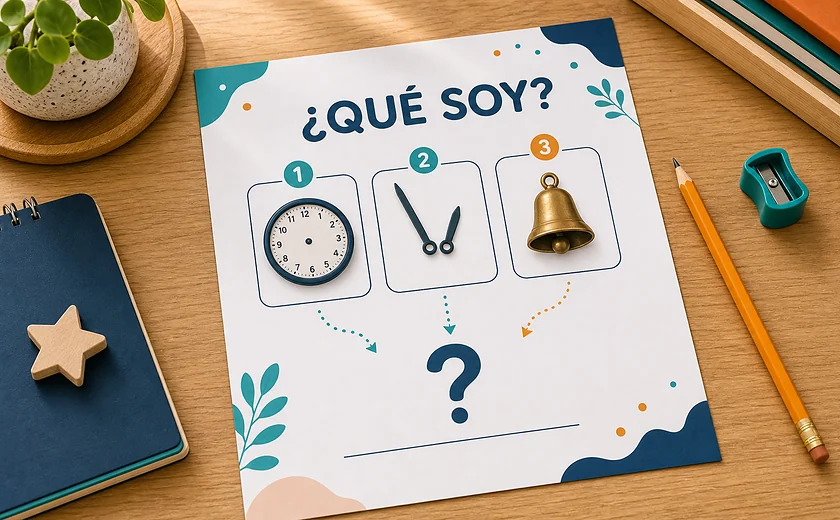 Ficha imprimible de adivinanzas con tres pistas visuales y un espacio para responder