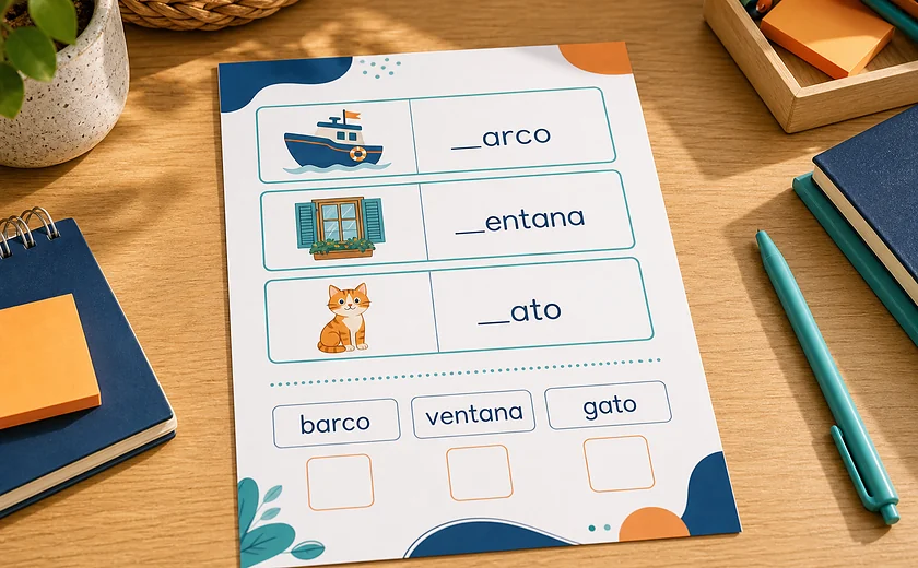 Ficha imprimible de ortografía con palabras incompletas y pistas visuales