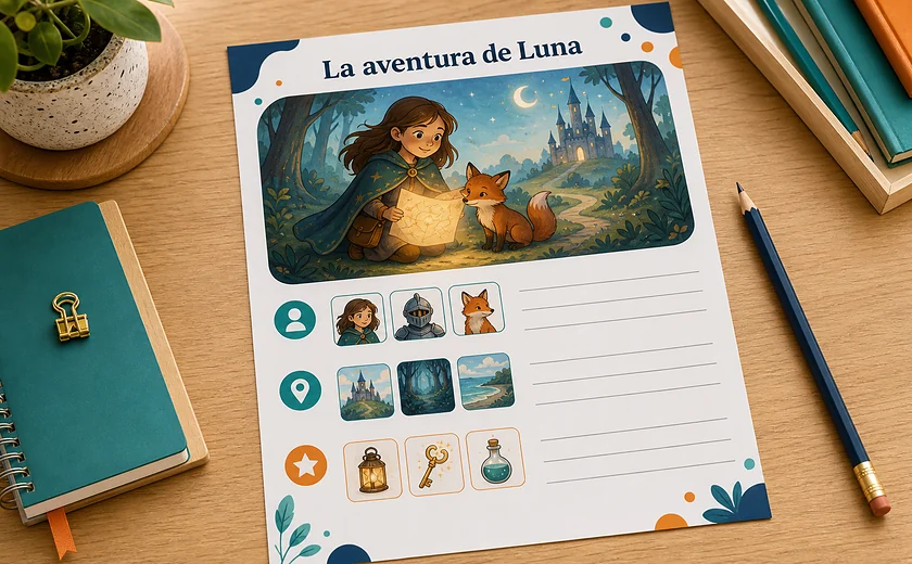 Ficha para crear un cuento personalizado con protagonista, escenario y objetos narrativos