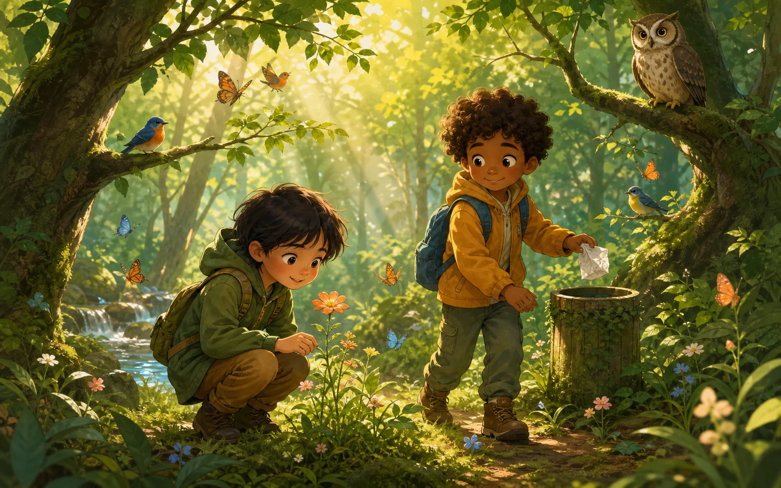 Dos niños cuidan un bosque lleno de animales