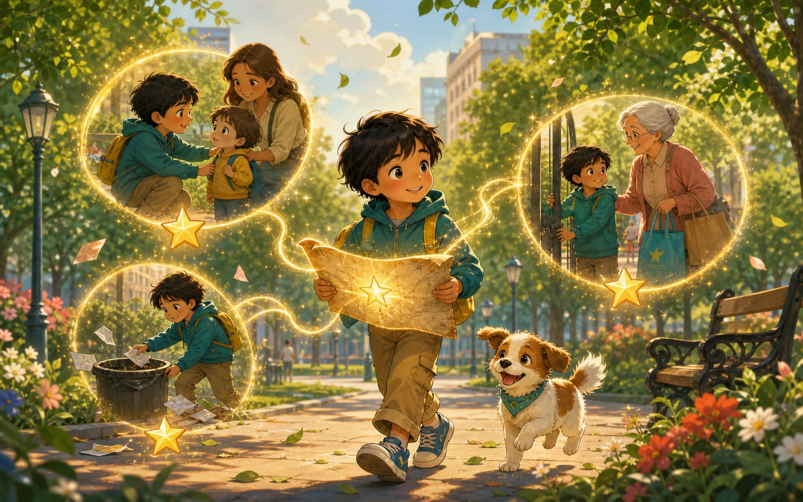 Un niño sigue un mapa luminoso de pequeñas buenas acciones