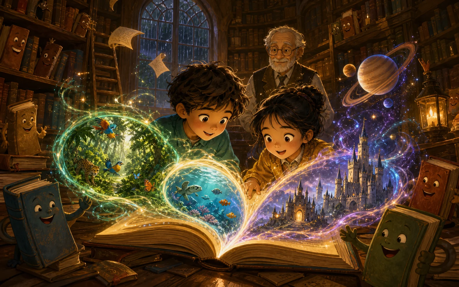 Niños en una biblioteca fantástica con libros mágicos