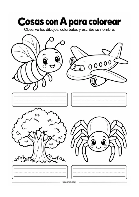 Actividad de vocabulario de la A para colorear y escribir