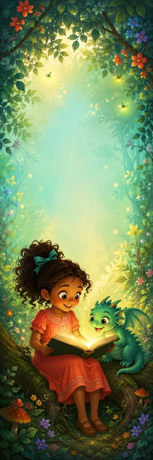 Un dragón leyendo junto a una niña en un marcapáginas de fantasía