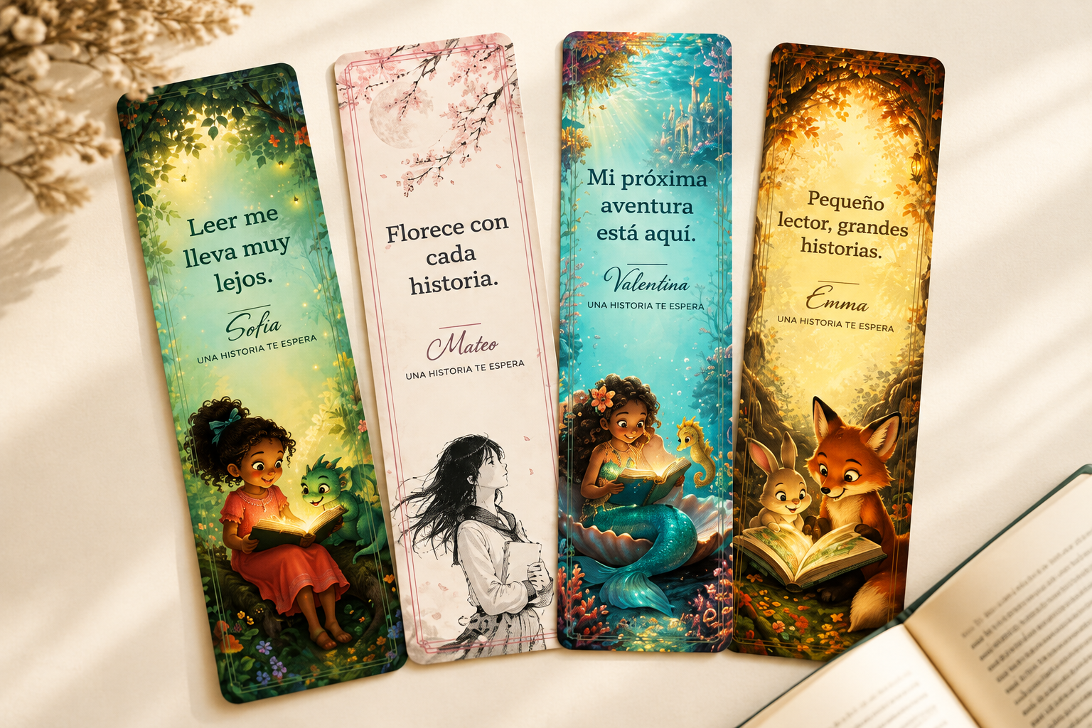 Marcapáginas ilustrados para personalizar con nombres y frases