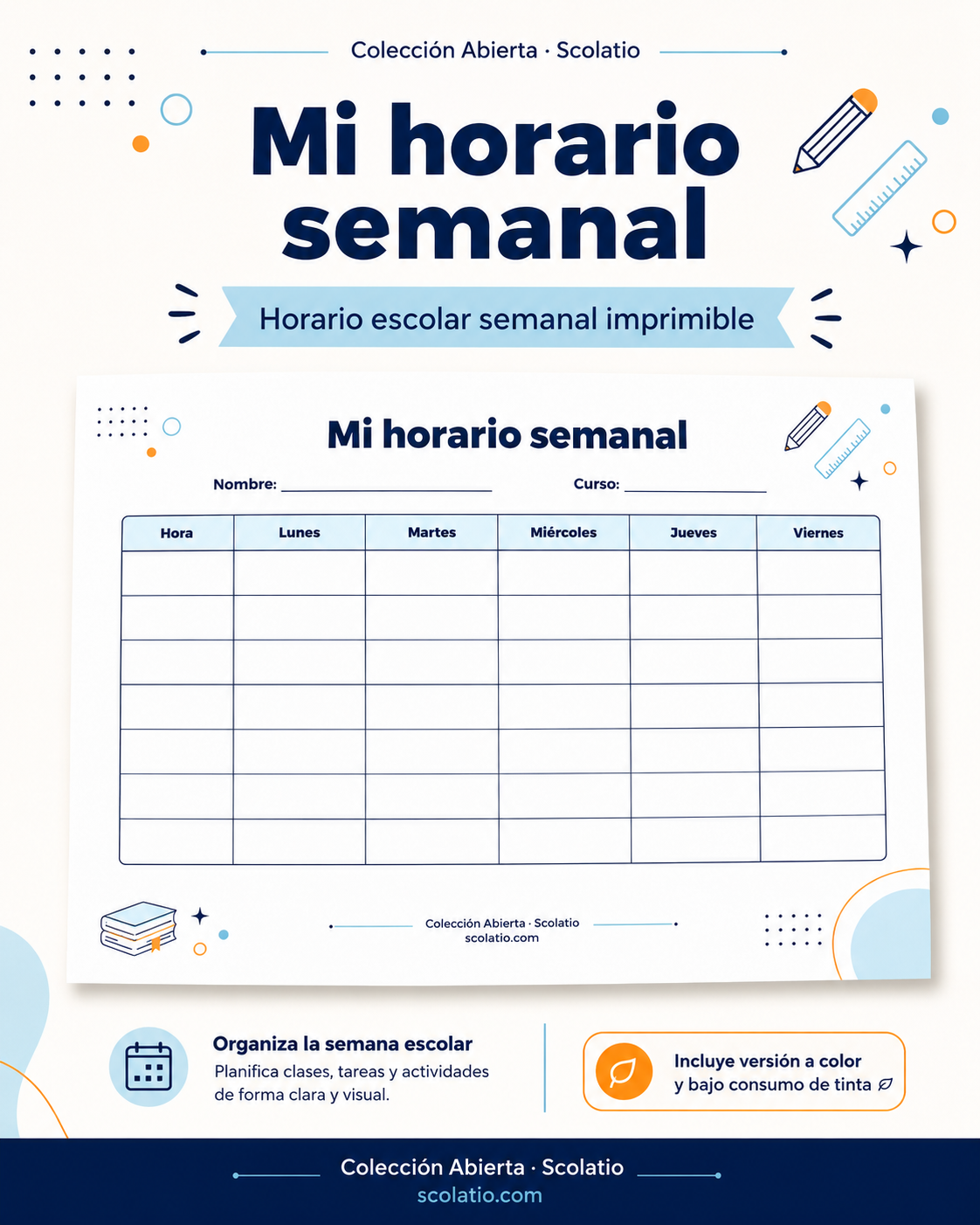 Horario escolar semanal imprimible gratuito de Scolatio